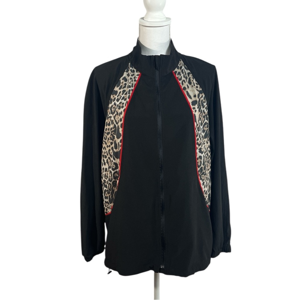 Boston Proper Womens Windbreaker Jacket in Black with Animal Print Trim Size XL